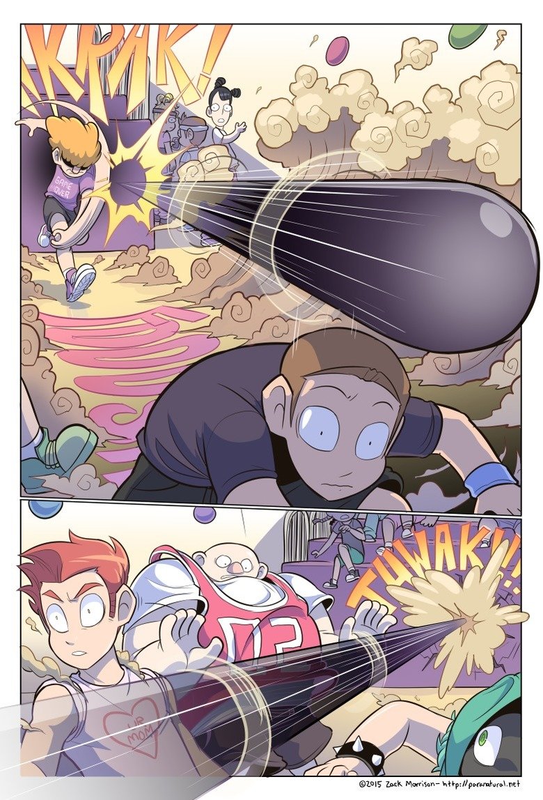 Hitball. Sauce is Paranatural.net It's a funny webcomic that updates bi-weekly. It's about ghosts, spirits, and kids with superpowers... This might be a bad comic trying to get people to read it since it doesn't explain some of the things people are doing that are weird and the context of the peo
