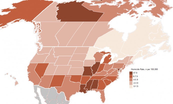 Homicide rate in Canada and the USA. .. Now compare population density, poverty, and percentage minority group lol