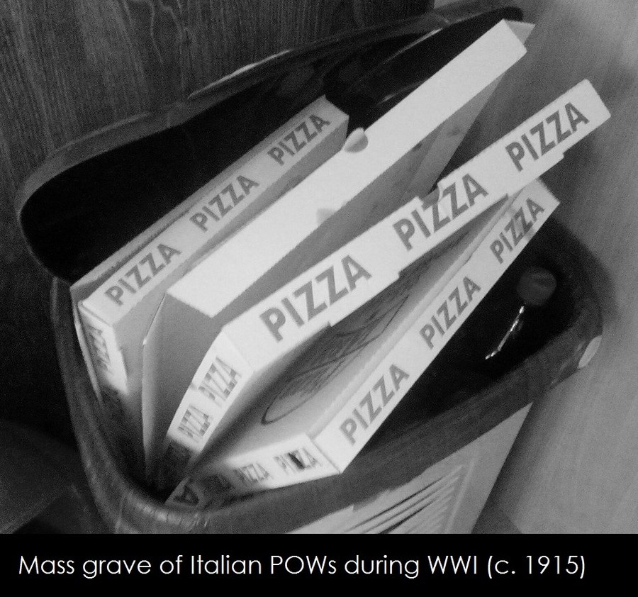 Horrifying photo. . Moss grove of Italian PCY/ VS; during WWI (C. 1915). it's a pizza trash