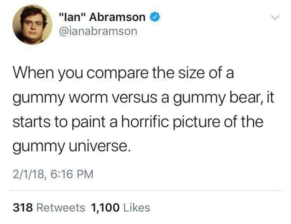Horrifying. . Ian" Abrasion v Mi/ tyn'")". versus ciivil bear, it starts to paint a horrific picture of the universe. 318 Retweets 1, 100 Likes. Lolz yo maa why you got dis gummy worm in yah undy drarwers