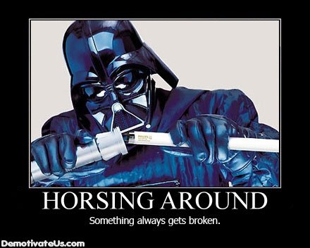 horsing around. its always a bad idea. Something always gets human.. Aw, guys. My mom is going to kill me.