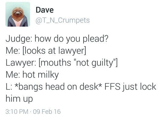 Hot milky. . Dave T_ N_ Crumpets Judge: how do you plead'? Me:  Lawyer:  Me: hot milky L: bangs head on desk FFS just lock
