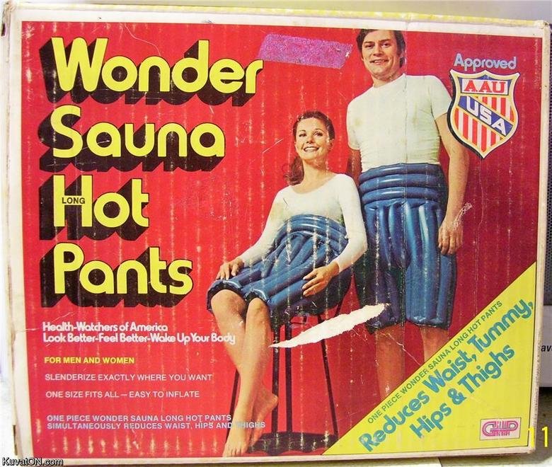 Hot pants. . For: MEN and we MEN ' ELEM DE Hm: EXACTLY WHERE CINE SIZE FITS ALL - EASY TO INFLATE ONE FEE CE WU ND ER SAUNA LONG HUT PANTS. i need some of these