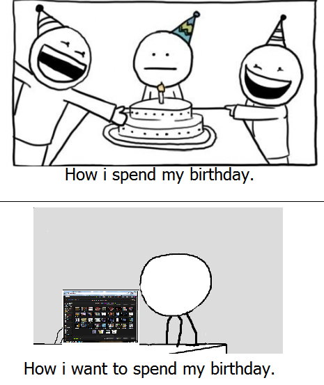 How i felt today.. This is OC and Its my birthday today!! I hope you guize enjoy!!. How i spend my birthday. How i want to spend my birthday.. Happy birthday!! it's my birthday too i'm 21