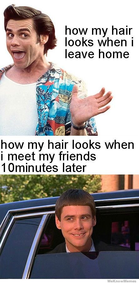 how i look . . ... . .. ;p so true. how my hair_ looks when I leave home how (Ill!] when i meet my friends later. who gives a about your hair YOU'RE MOTHER JIM CARRY!