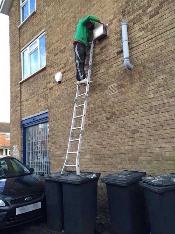 How not to use a ladder. Source: .. 5th pic is an actual tool. It's a platform put up to be stood on, usually used by workers and the like working on the eaves or bottom of the roof.