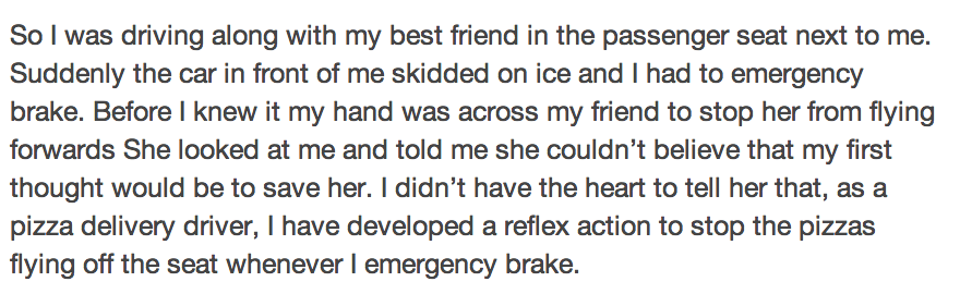 how sweet. . So I was driving along with my best friend in the passenger seat next to me Suddenly the car in front of me skidded on ice and I had to emergency b
