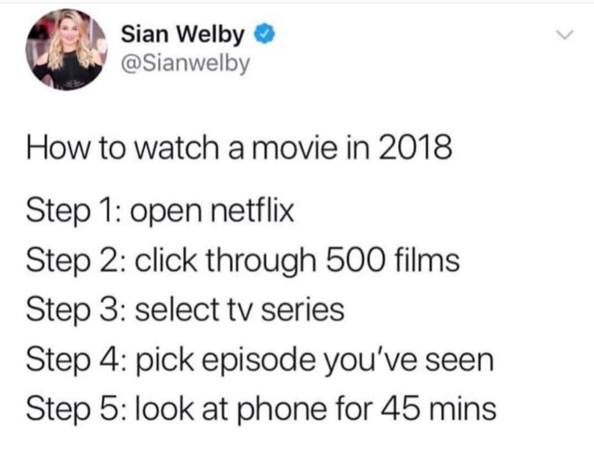 How to watch a movie. .. There is something wrong with me. To relax, I play a game on one screen, have a long video playlist going on another screen, and have music playing all at the s