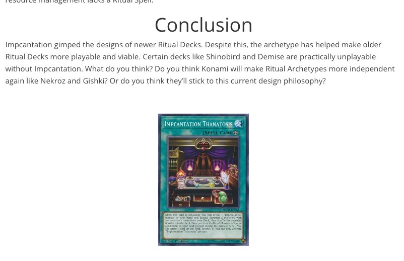 how true is this ?. .. it's good general support for ritual-focused decks, I don't really see how it &quot;gimps&quot; deck designs tho; yu-gi-oh's sorta always been about stacking as