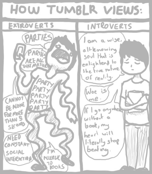 How tumblr views extroverts. NOT MINE. Found online.. Tumult VIEWS:. I dislike how introverts are always associated with being bookworms. The definition of an introvert is someone who is shy and keeps to themselves. Not a bookwor