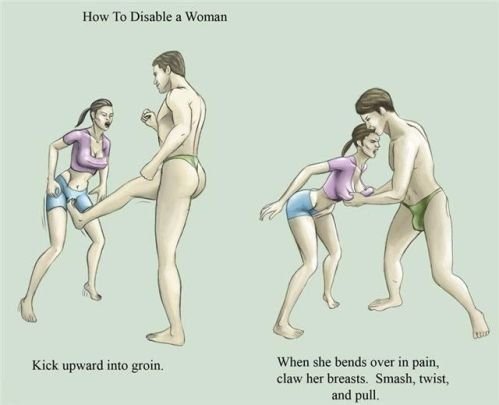 How to disable a woman. . Howto Disable when she bends over in pain, claw her brawls. Smash, twist, and pull.. Why is the guy wearing a thong?