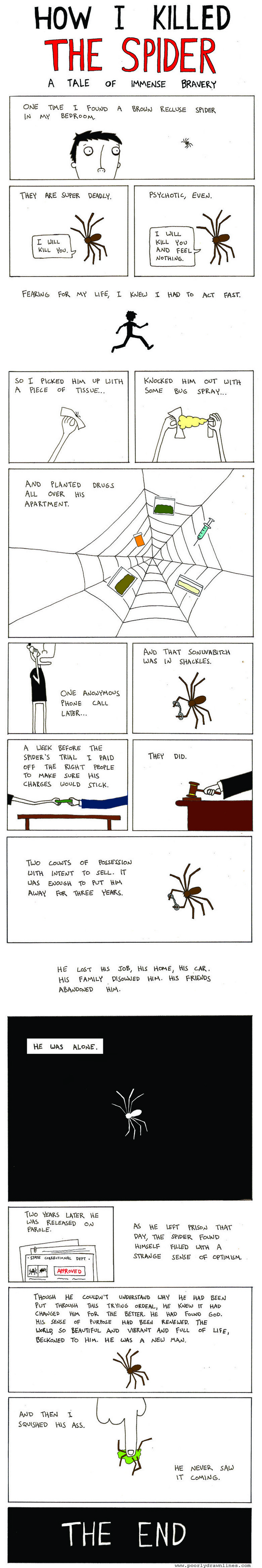 How I killed the spider.. Spiders, dey scary and ... who would push a spider with their finger ? step on the !