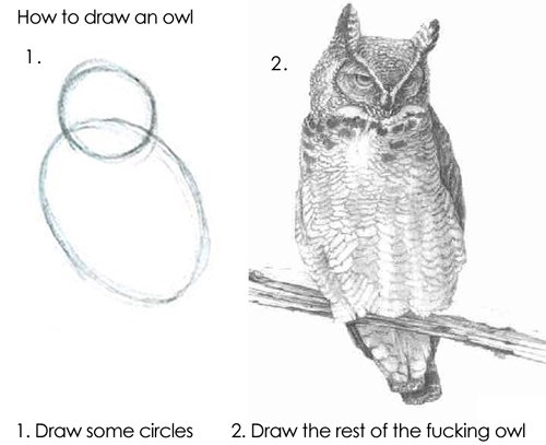How To Draw an Owl. Just draw it you assholes.. How ho draw an owl 1. Draw some circles 2. Draw the rest of the fucking owl. Why you might ask, because you thats why!!!