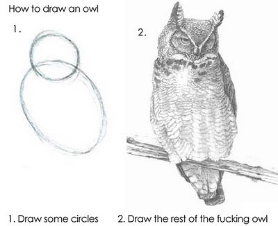 How To Draw An Owl. . tittas cm cmd I . Draw some circles 2. Draw the rest of the fucking mad. seriously im gunna have to say it.....gawd....REPOST!