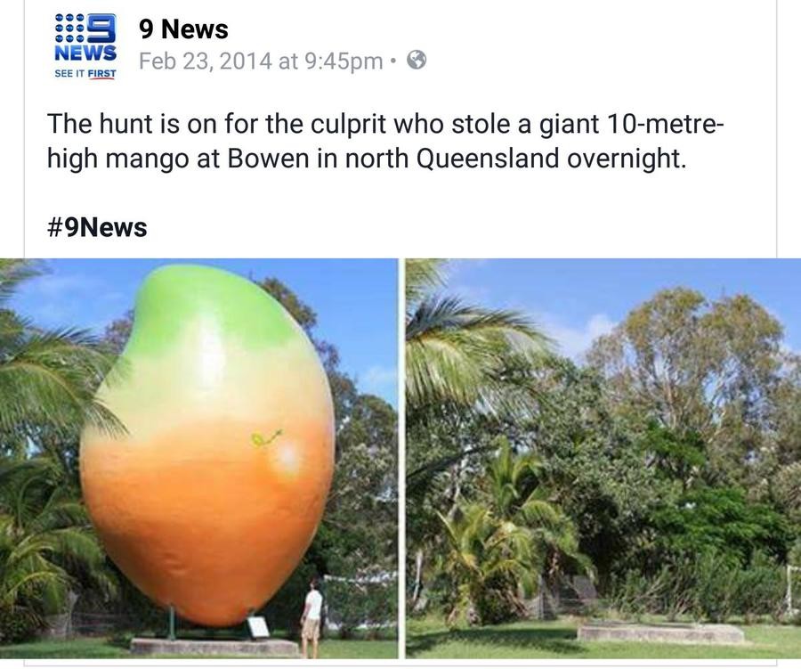 how. . ft] News SEE IT FIRST The hunt is on for the culprit who stole it"]. giant ' high , !aiti. Bowen in north Queensland overnight.. I seem to remember that they found it and someone had made it into a meth kitchen. Never change 'stralya.