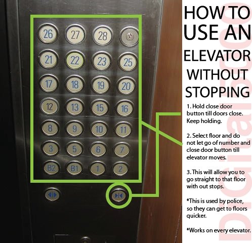 How To: Get to Floor Quicker. Yes. HOW TO USE AN ELEVATOR WITHOUT STOPPING 1. Hold close door button till doors close. Keep hurtling. 1. Saweet fir. r. r, and d