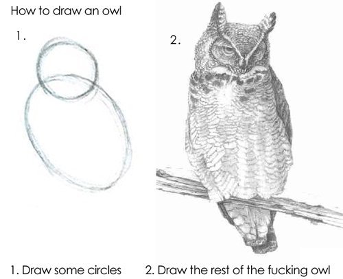 How To Draw An Owl. derp. ._.. How to draw an ovd 1 . Draw some circles 2. Draw the rest of the fucking owl. You know, I have really never complained about reposts. But I see this SO DAMN MUCH, and not just on this site. Stoppppp