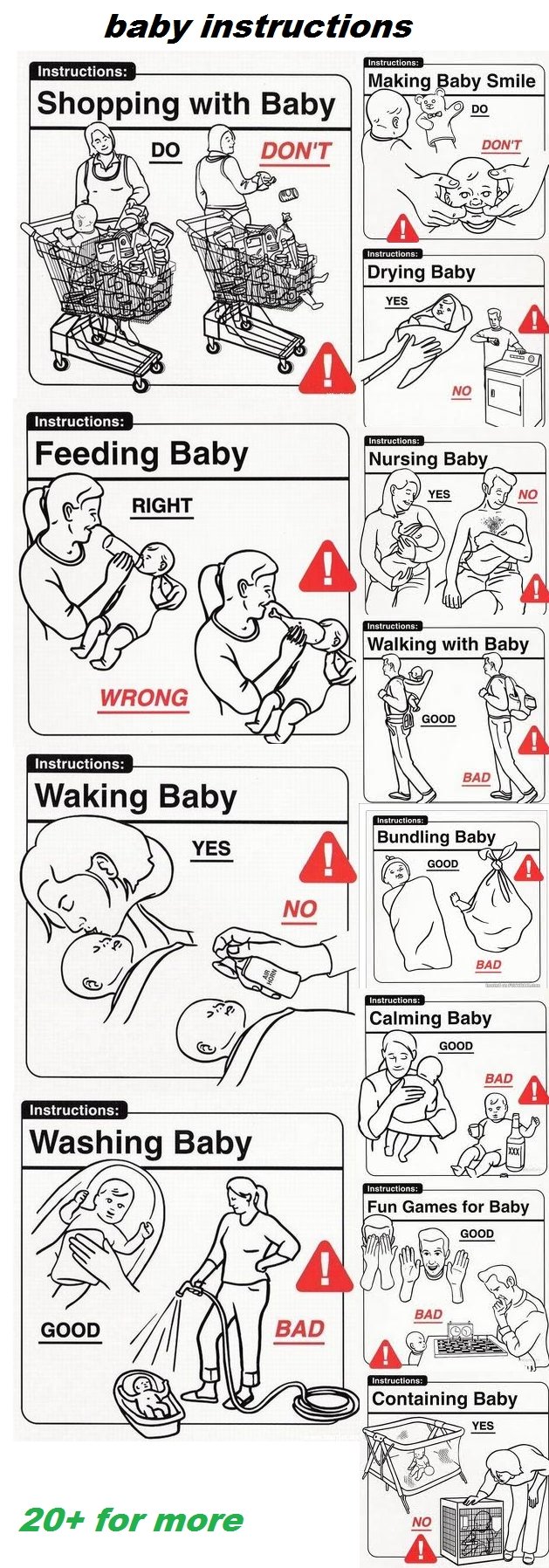 how to care for a baby. . baby instructions as run: in instructions: Shopping with Baby . miimii E [l) DON' T mta Feeding Baby teii'; Nursing Baby instructions: