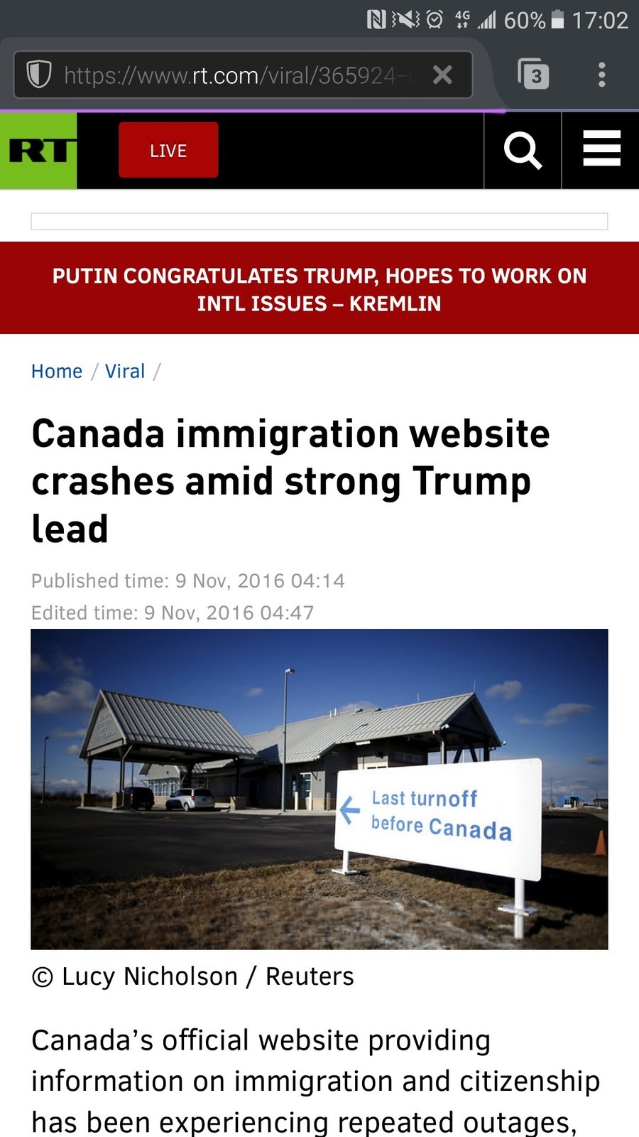 How's the wall, Canada?. Canada probably agreed with Trump on immigrants are criminals, rapists and murderers, this is why they shut off the site.. PUTIN CONGRA