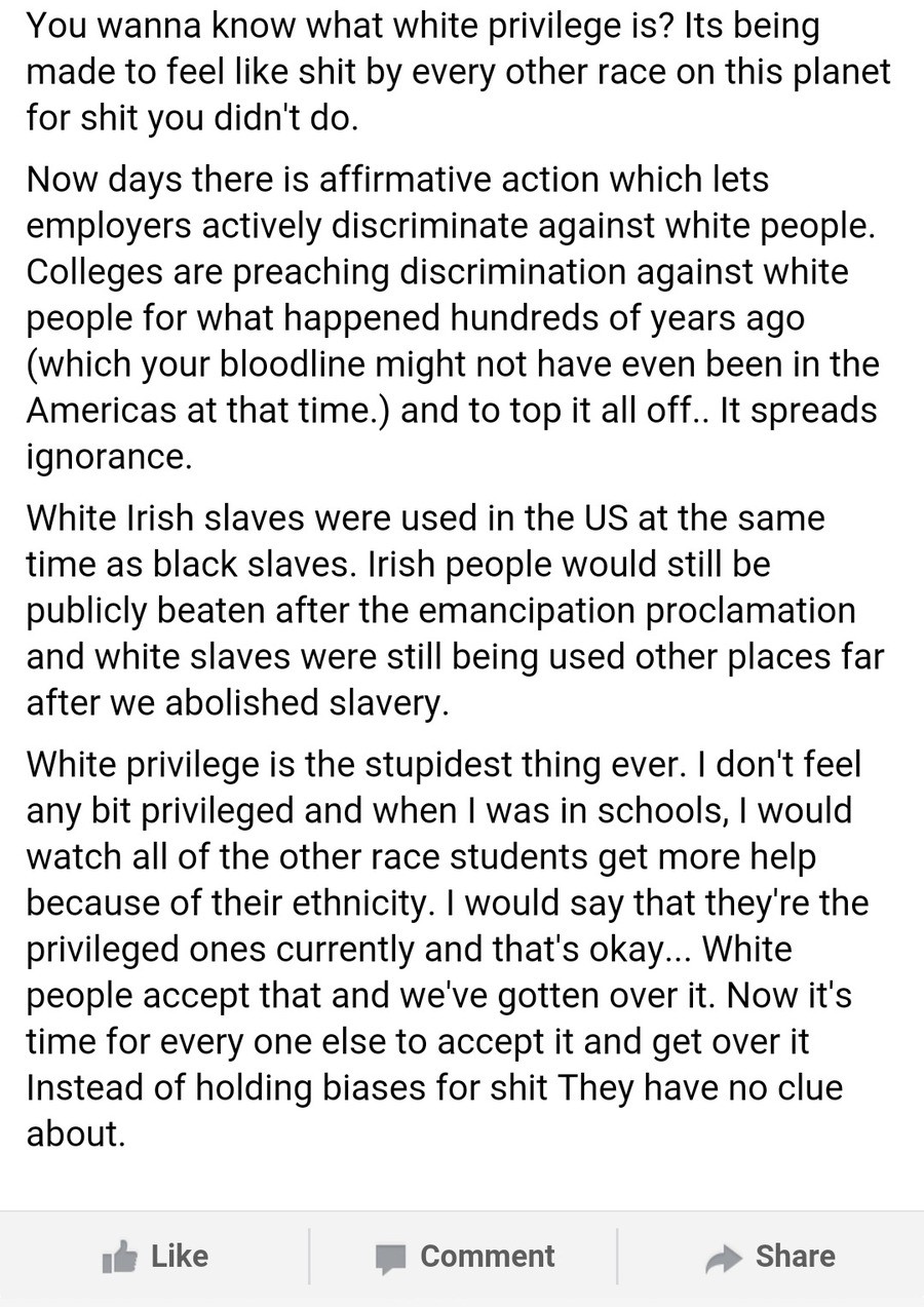 Huchurruda Vaggemubic. . You wanna know what white privilege is? Its being made to feel like shit by every other race on this planet for shit you didn' t do, da