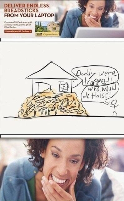 huehuehue. In this image a woman of at least partly African descent orders an amazing amount of bread sticks in order to trap the children of her ex-boyfriend B
