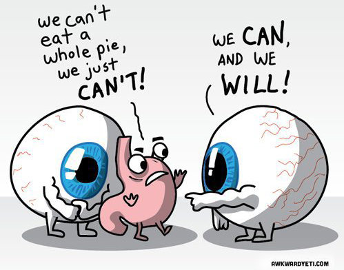 Hunger vs. Appetite. Source: The Awkward Yeti.. TFW your eyes are bigger than your stomach.