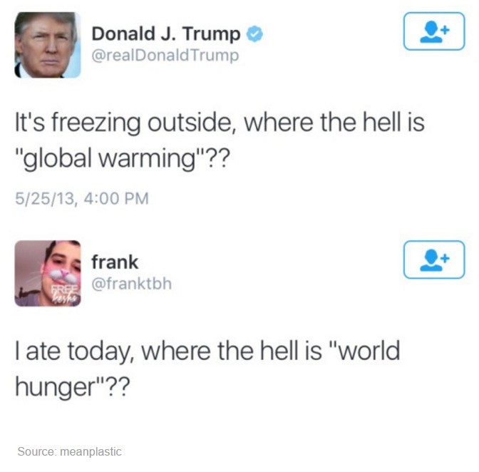 hunger warming. . Donald J. Trump 6  It' s freezing outside, where the hell is global warming"?? 5/ 25/ 13, 4200 PM frank St I ate today, where the hell is "