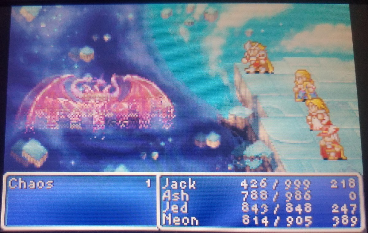 I did it. I killed Chaos.... Sorry for quality of the image. 3DS doesn't have a built in screenshot feature... This looks like the GBA version. Now go do the optional dungeons where you fight bosses from future Final Fantasy games.