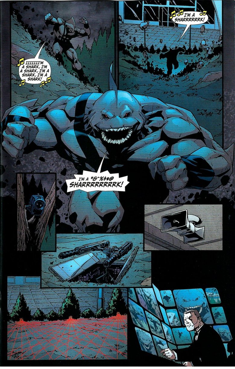 I'm a shark!. this is from the comic series Secret Six. This is a shark man.. PM E. Anyone else think of this?