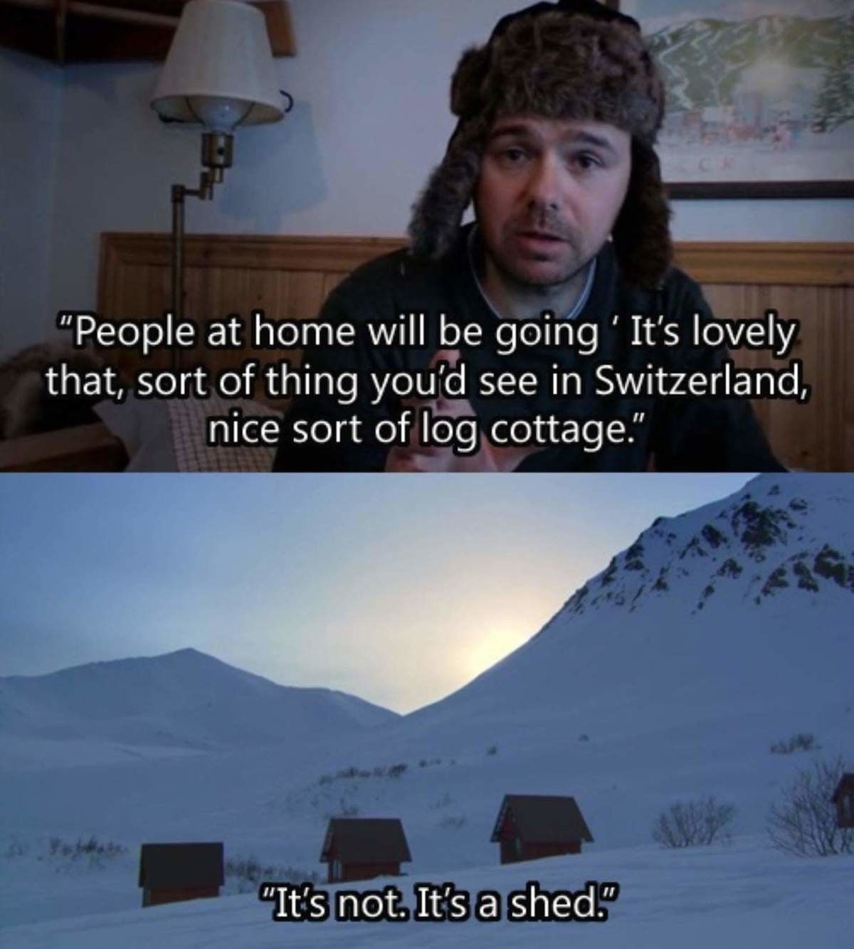 Karl Pilkington. .. I believe this show is called 'An Idiot Abroad' and the whole series is just him being sent to random places most people might love to visit, and then complaini