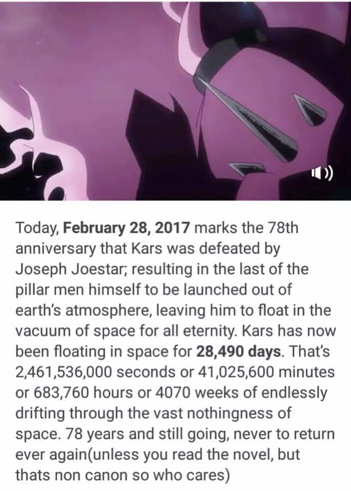 Kars. . Today, February 28, 2017 marks the 78th anniversary that Wars was defeated by Joseph Joestar; resulting in the last of the pillar men himself to be laun