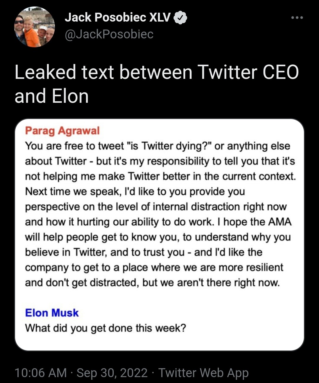Leaked text between Twitter CEO and Elon. .. As someone who is in charge of a large group of people myself, coming in and changing how people operate on a day to day basis in hard. With that being said - y