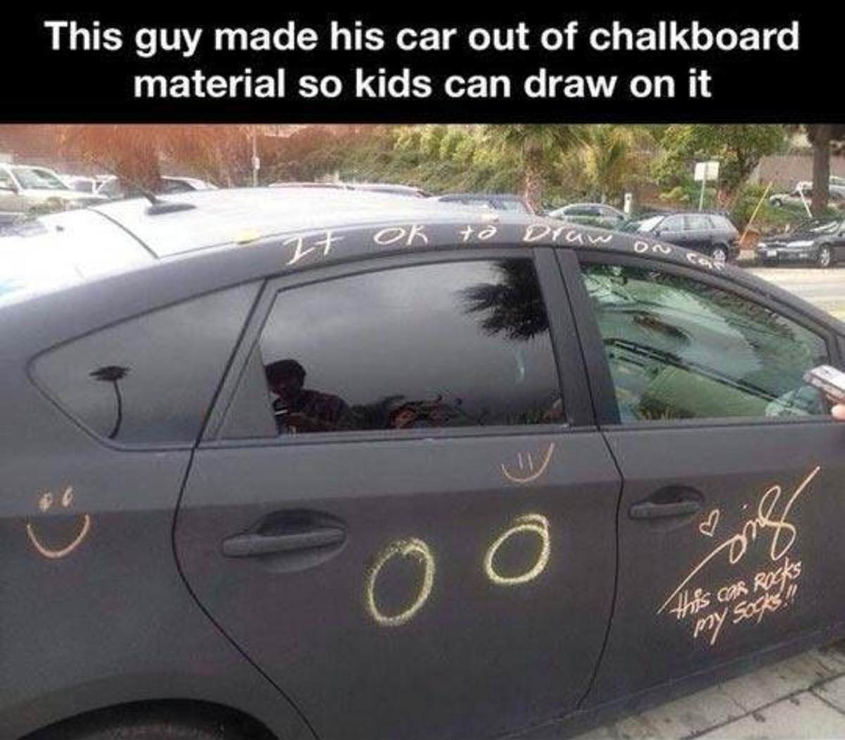 Lovely Day. . This guy anade his car out of chalkboard material so kids can draw on itrungentleman walking in 1' Wendy' s '" ii' ' an umbrella table outside '''