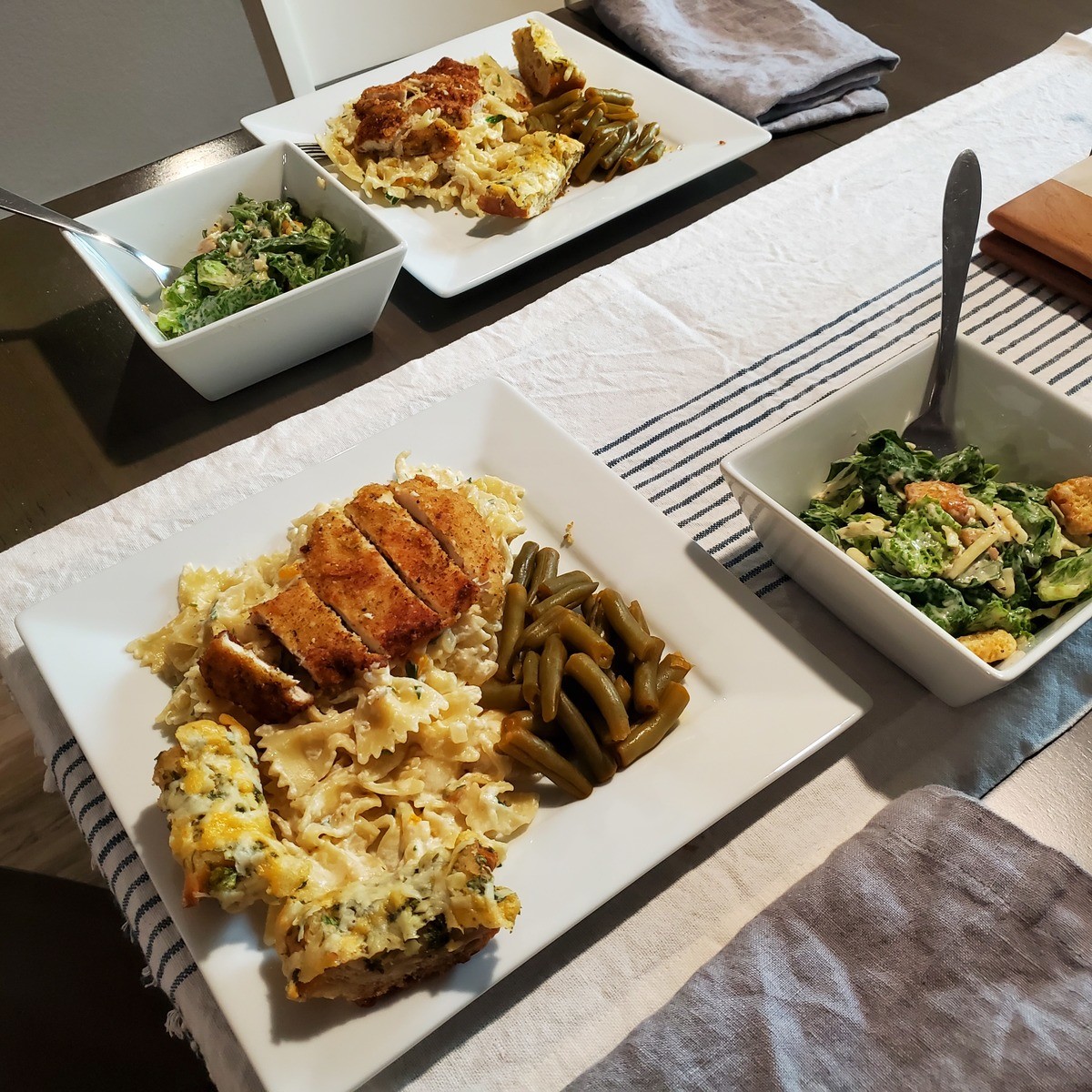 Made some pasta. Southern style creamy parmesan chicken pasta with homemade garlic bread, green beans, and ceaser salad... dude i had to color correct your beans. they were making me nauseous.