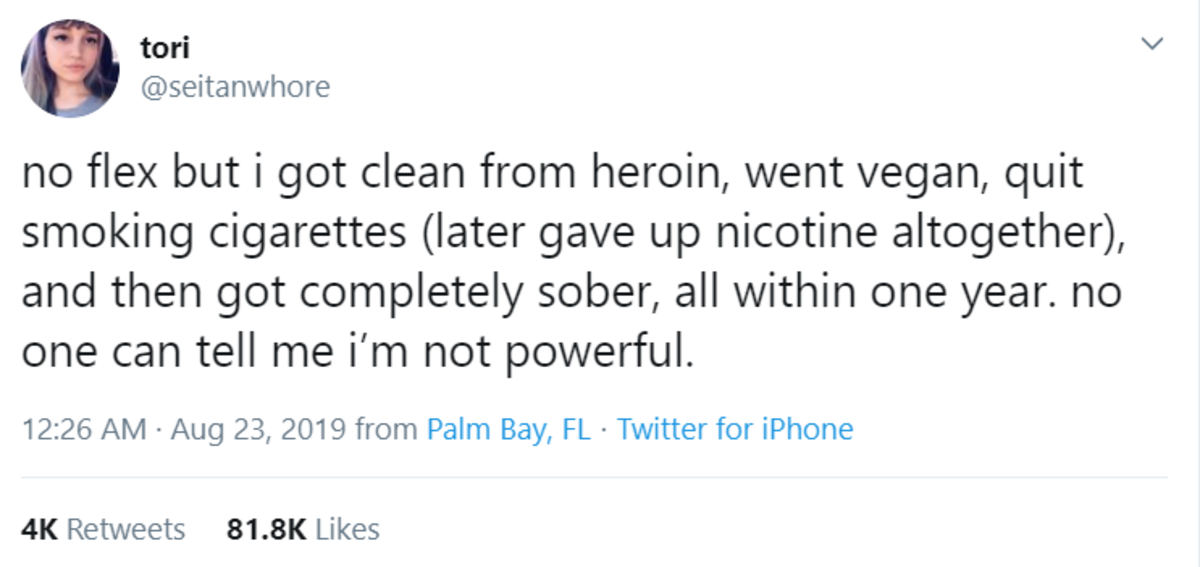 makes sense. .. yeah off, I dont like the idea of veganism but being able to cut off hard drugs, cigerettes, booze, and good food is an amazing test of willpower what you reall