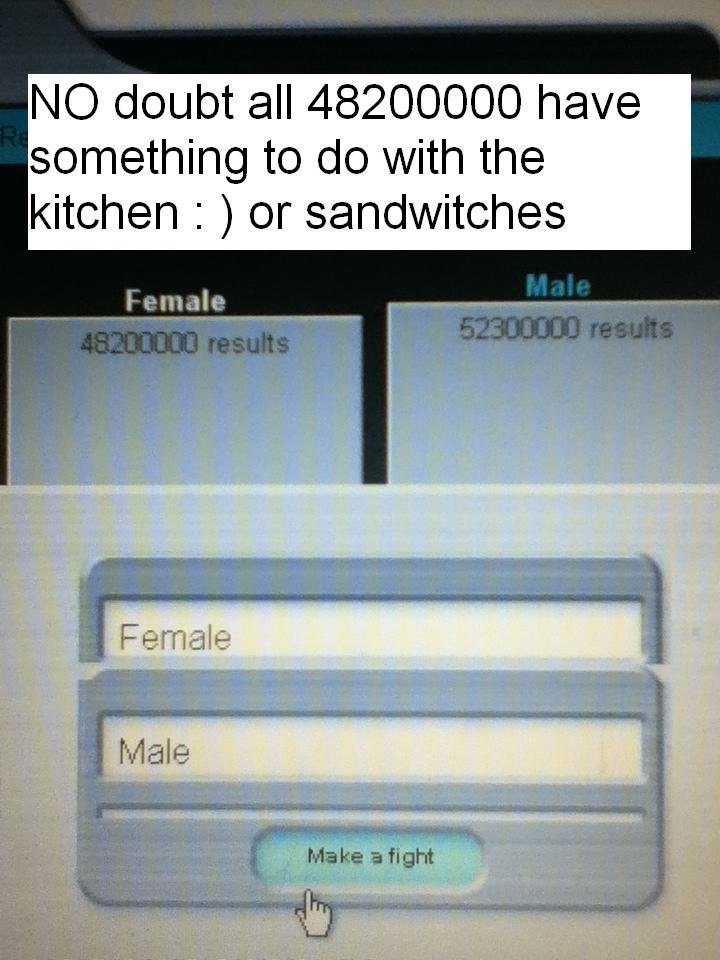 male vs female. So true . kiill! 06, doubt all 48200000 '), something to 'l' with 'J' irt), kitchen I i or sandwitches. Are you a female?