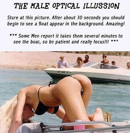 Male optical illusion. there's a boat?. THE HALE OPTICAL Stare at this picture. After about M seconds you should begin to see a Boat appear in the background. A