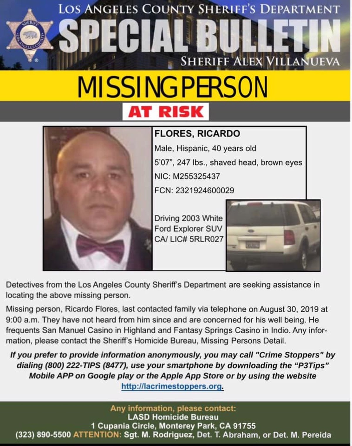 MISSING PERSON LOS ANGELES. No this is the Brother of my Cousin's wife in America, and he has been missing for 6 days with absolutely no contact to anyone since