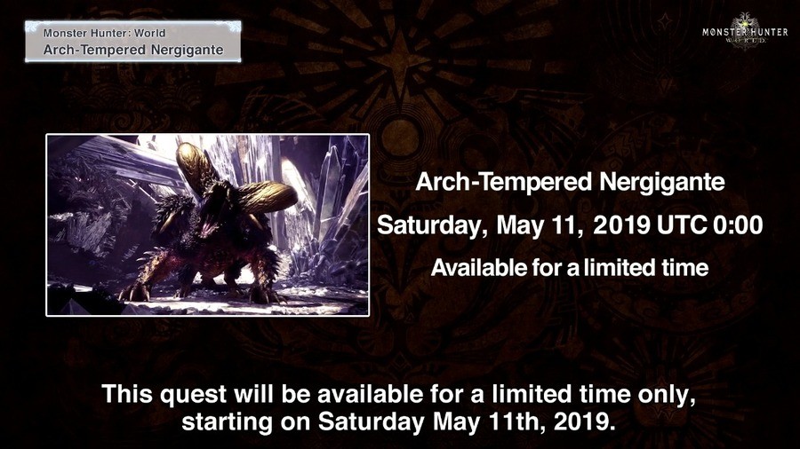 Monster Hunter World: Iceborne News 9 May 19. Just to get this out of the way AT Nerg drops May 11th. Dataminers have found it has it's own music for the quest.
