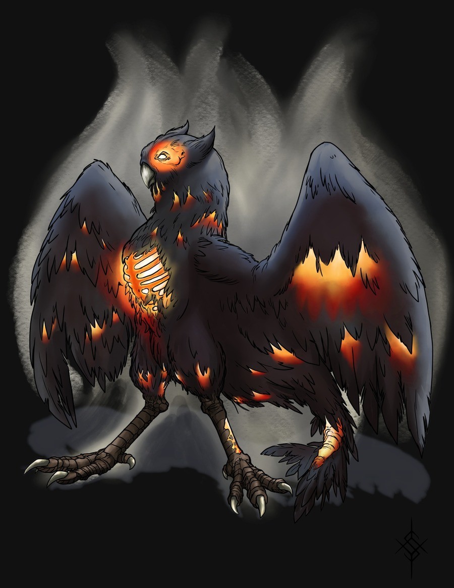 Monster Monday - Ashfall Phoenix. Illustration by SethMonster Drifting embers and ash fell like snow, joining inches of grey powder already piled upon the groun