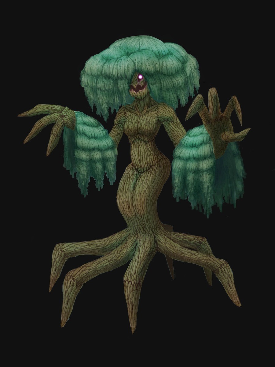 Monster Monday - Witchwillow. Trees creak and sway ominously in the dark, their branches reaching like monstrous hands for the frightened villager among them. P