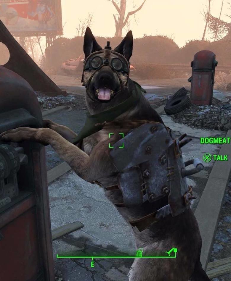 my dog. dog meat wearing welding goggles a studded muzzle armor and a green bandana. DOGMEAT TALK. I'm assuming with those handles on his back, you can hold him like a minigun, and cars will fly out of his mouth when you stick your pinky in his butthole?