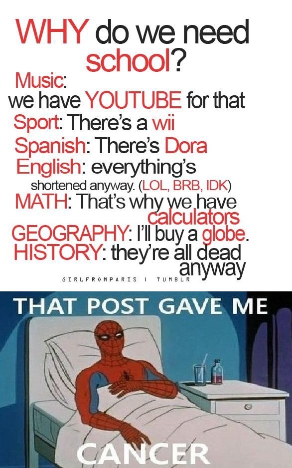My faith in this generation is lost. . Music: school? we have YOUTUBE for that Sport: There' s a Mi Spanish: There' s Dora English: everything' s shortened anyw