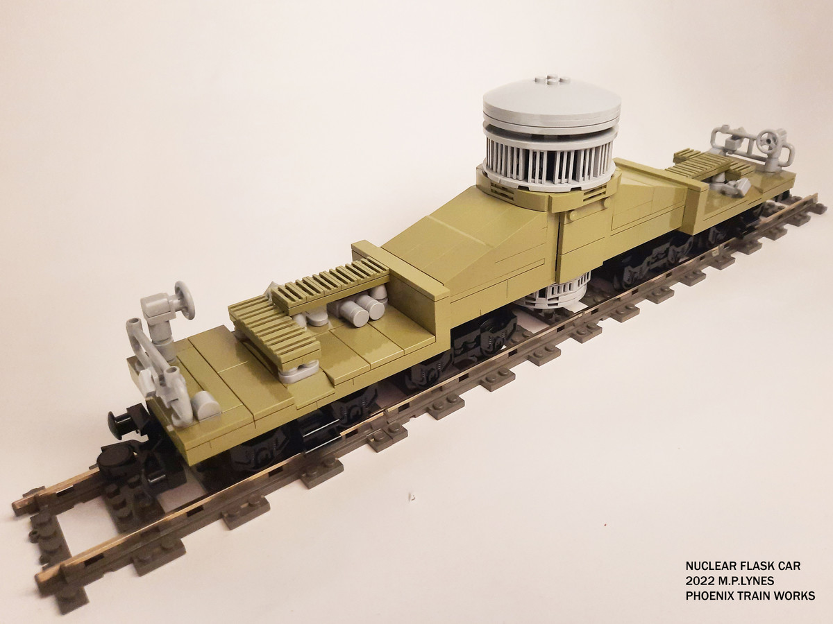 Nuclear Flask Car (L-Gauge). Based on USA examples. Nuclear Flask Cars carry spent fuel and other radioactive materials safely on rails with nearly indestructib