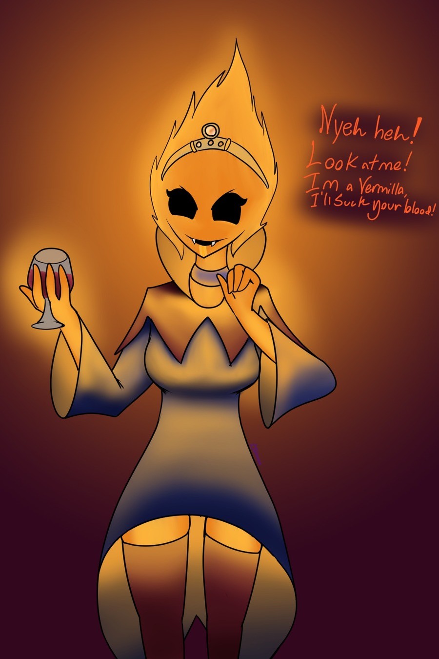 OC Art, Firey Blood Sucking. Eliina dresses up as a dastardly Vermilla for Halloween! Shes making jokes about nobles and wine and all that stuff. also picked up