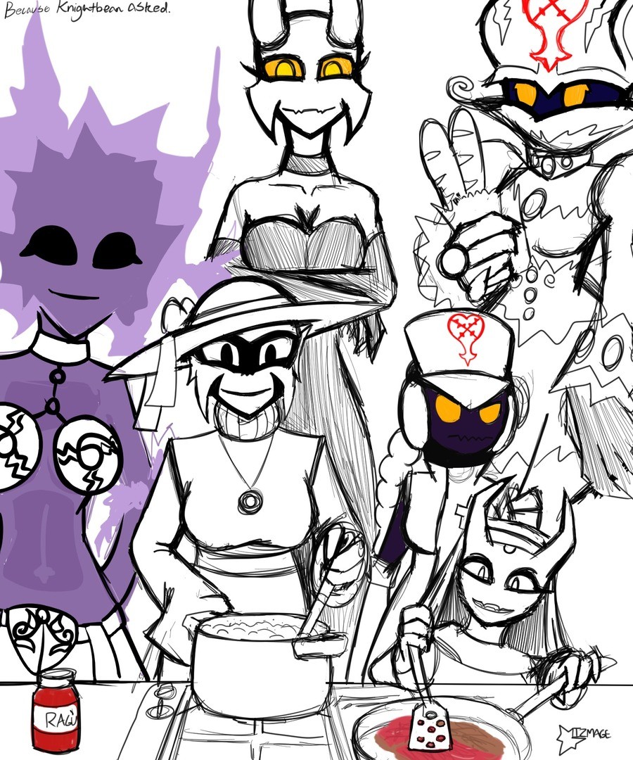 OC Art, Khtbeans request and mad maiden. Knightbeans requested them making spaghetti, but didn't specify who. So here's most of the characters from that comp. P
