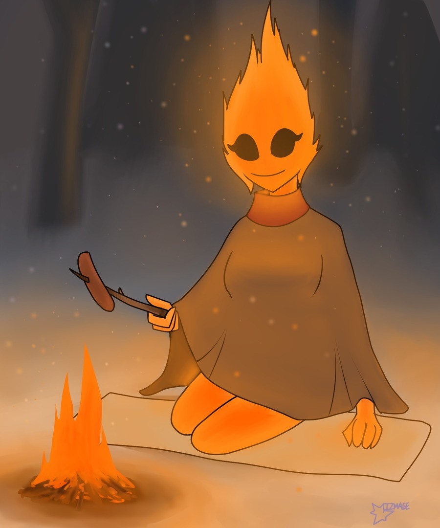 OC Art, Max Comfy Eliina. Relaxing in the far north woods with a sweet fire elemental. Maximum Comfy. A quick idea turned into a big piece. Didn't come out exac