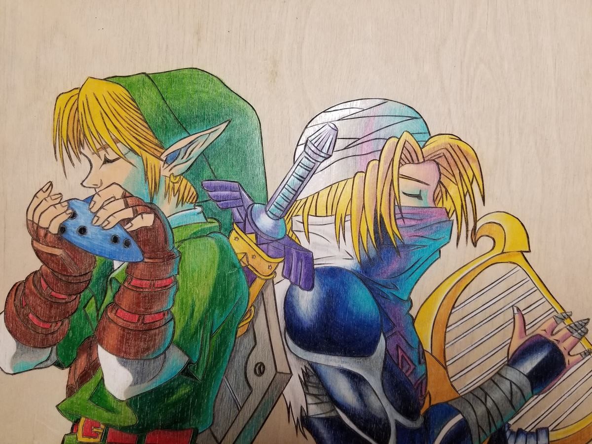 OC Art Woodburning. 10&quot; x12&quot; woodburning of link and zelda. printed picture, transferred to wood, burnt in with a soldering iron with magic tips. sand