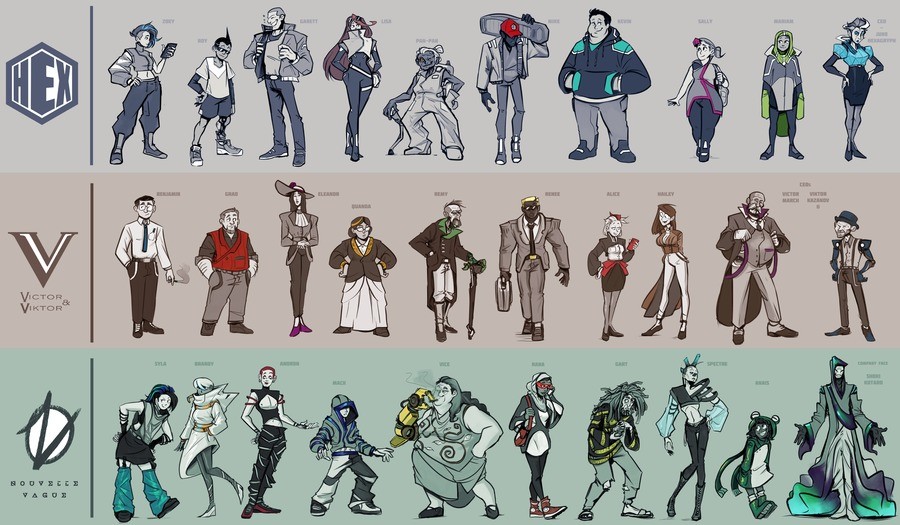  Background characters. About 3 dozen random characters that populate my setting. Each row is wearing a major fashion brand. The last member of each row is 