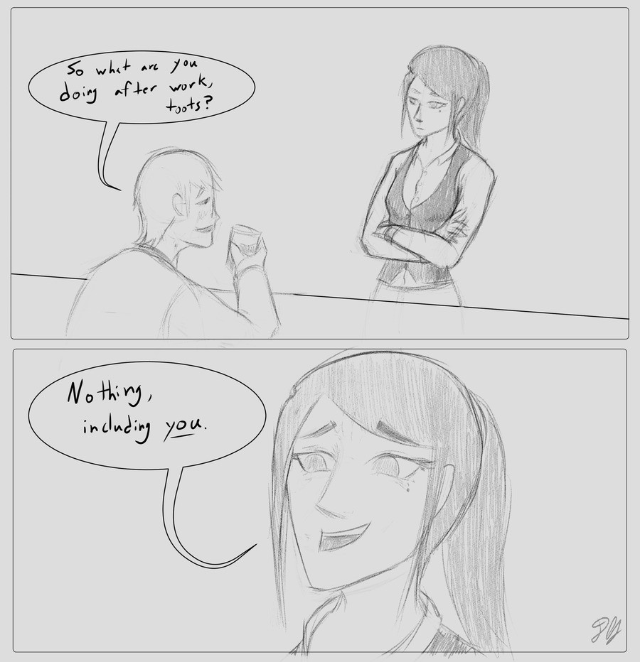 OC-tober Day 15: Comic time. my poor attempt at a comic with my OC Ada, she works as a bartender. I lost confidence in the delivery of this joke halfway through